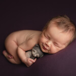 маленькая новорожденная обнимает мягкую игрушку лежит на животе на фиолетовой ткани