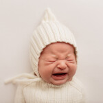 портрет плачущего новорожденного ребенка в белом чепчике эльф на белой ткани в белом вязанном боди
